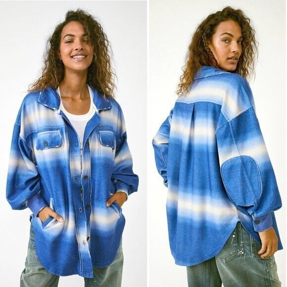 Free People Ruby Printed Jacket Oversized Shacket Deep Sea Combo Stripes Large L
